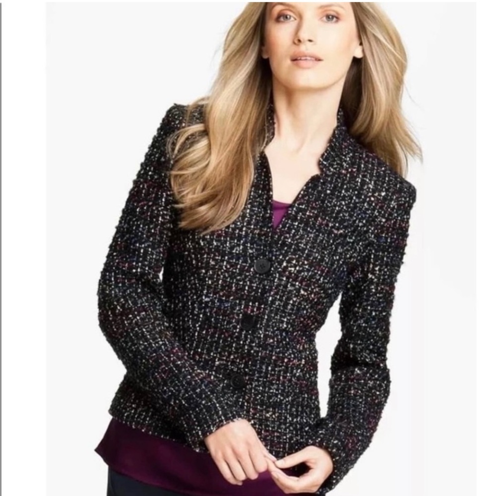 Lafayette 148 New York Metallic Tweed Wool Blazer Lurex Jacket Black Blue sz 8